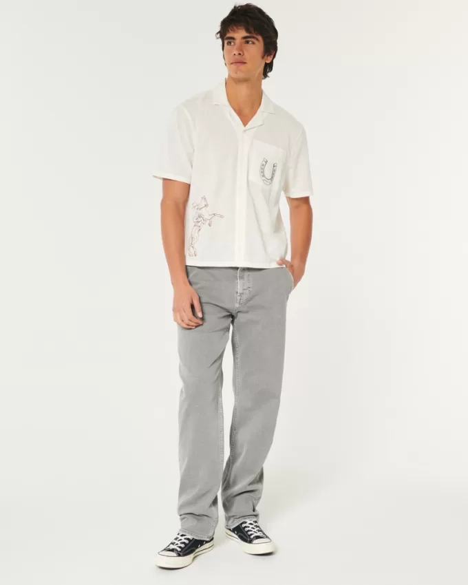 Boxy Cropped Embroidered Graphic Workwear Shirt,Boxy Cropped Embroidered Graphic Workwear Shirt