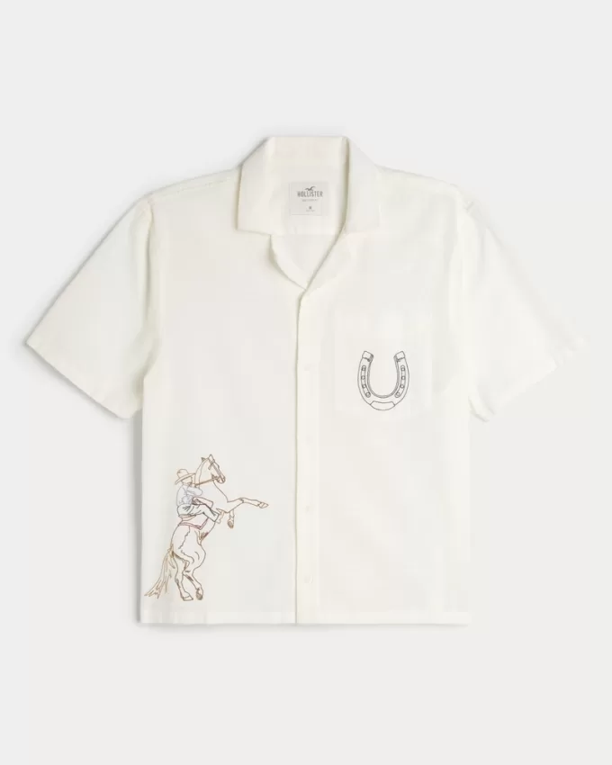 Boxy Cropped Embroidered Graphic Workwear Shirt,Boxy Cropped Embroidered Graphic Workwear Shirt