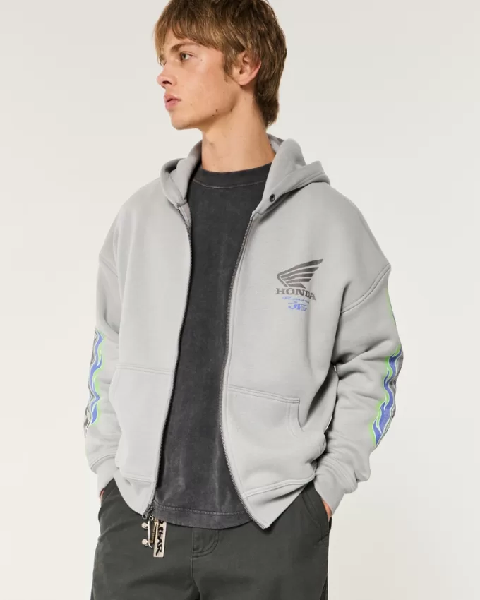 Boxy Honda Racing Graphic Zip-Up Hoodie,Boxy Honda Racing Graphic Zip-Up Hoodie