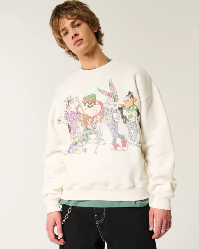 Boxy Looney Tunes Golf Graphic Crew Sweatshirt,Boxy Looney Tunes Golf Graphic Crew Sweatshirt