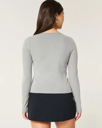 Cozy Ribbed Seamless Button-Through Crew Top,Cozy Ribbed Seamless Button-Through Crew Top