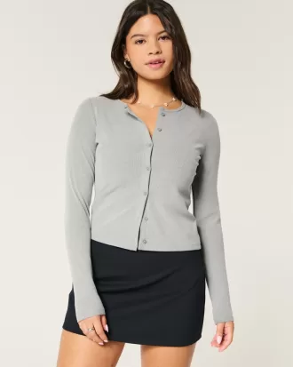 Cozy Ribbed Seamless Button-Through Crew Top,Cozy Ribbed Seamless Button-Through Crew Top