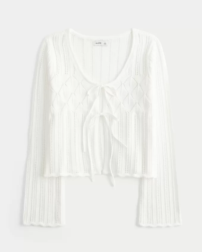 Crochet-Style Tie-Front Textured Sweater,Crochet-Style Tie-Front Textured Sweater Crochet-Style Tie-Front Textured Sweater,Crochet-Style Tie-Front Textured Sweater