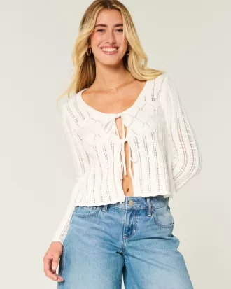 Crochet-Style Tie-Front Textured Sweater,Crochet-Style Tie-Front Textured Sweater Crochet-Style Tie-Front Textured Sweater,Crochet-Style Tie-Front Textured Sweater