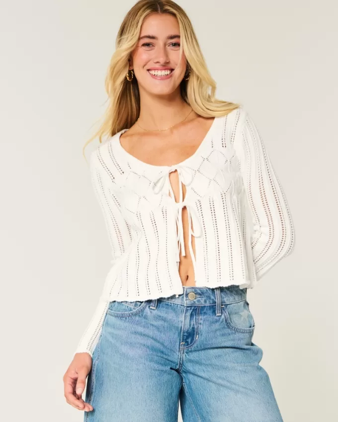 Crochet-Style Tie-Front Textured Sweater,Crochet-Style Tie-Front Textured Sweater Crochet-Style Tie-Front Textured Sweater,Crochet-Style Tie-Front Textured Sweater