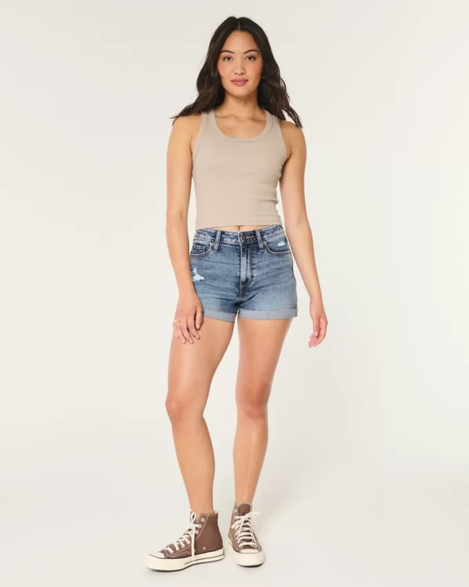 Curvy High-Rise Ripped Dark Wash Denim Shorts 3″,Curvy High-Rise Ripped Dark Wash Denim Shorts 3″