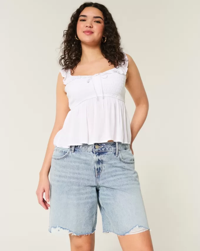 Curvy Low-Rise Light Wash Distressed Baggy Jort,Curvy Low-Rise Light Wash Distressed Baggy Jort