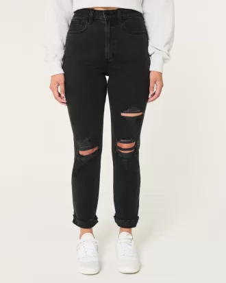 Curvy Ultra High-Rise Ripped Black Mom Jeans,Curvy Ultra High-Rise Ripped Black Mom Jeans