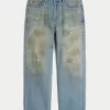 Distressed Greased Medium Wash Baggy Jeans,Distressed Greased Medium Wash Baggy Jeans
