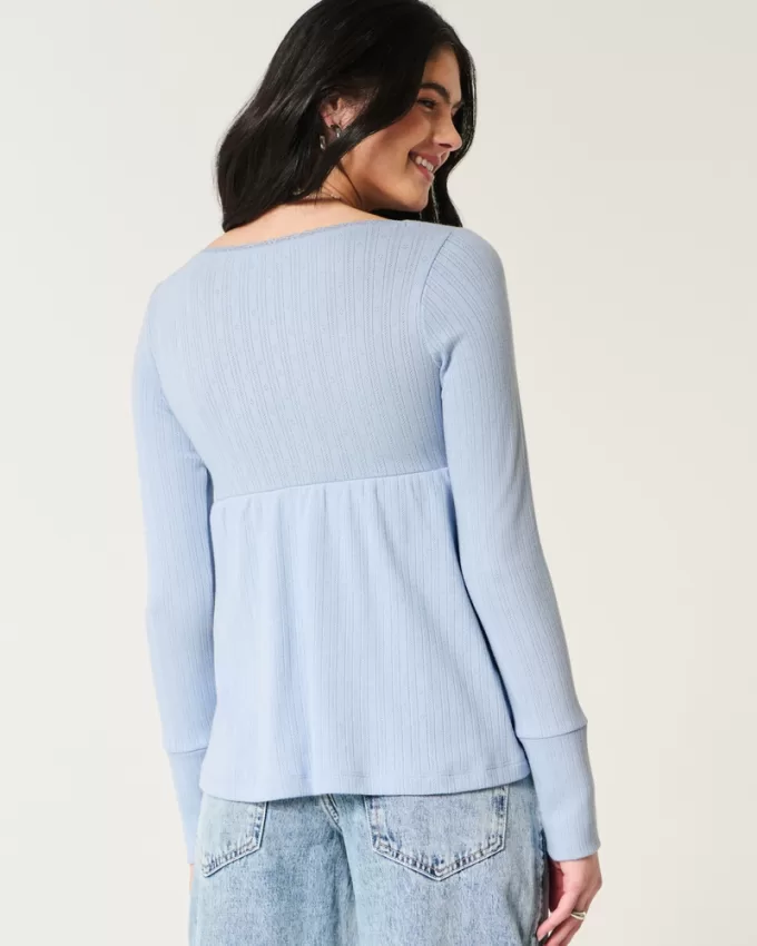 Easy Long-Sleeve Pointelle Babydoll Top,Easy Long-Sleeve Pointelle Babydoll Top