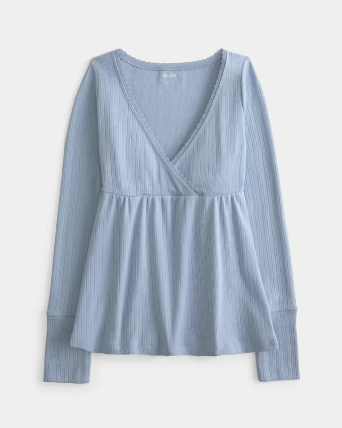 Easy Long-Sleeve Pointelle Babydoll Top,Easy Long-Sleeve Pointelle Babydoll Top