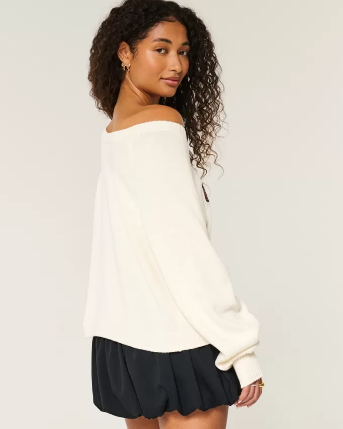 Easy Off-the-Shoulder Bow Graphic Sweater,Easy Off-the-Shoulder Bow Graphic Sweater Easy Off-the-Shoulder Bow Graphic Sweater,Easy Off-the-Shoulder Bow Graphic Sweater