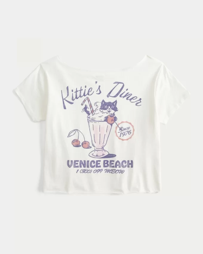 Easy Off-the-Shoulder Kittie’s Diner Graphic Tee,Easy Off-the-Shoulder Kittie’s Diner Graphic Tee