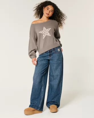 Easy Off-the-Shoulder Star Graphic Sweater,Easy Off-the-Shoulder Star Graphic Sweater Easy Off-the-Shoulder Star Graphic Sweater,Easy Off-the-Shoulder Star Graphic Sweater