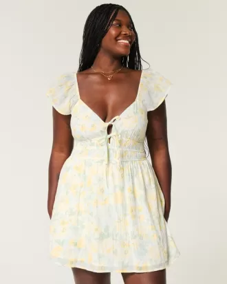 Flutter Sleeve Double-Tie Skort Dress,Flutter Sleeve Double-Tie Skort Dress