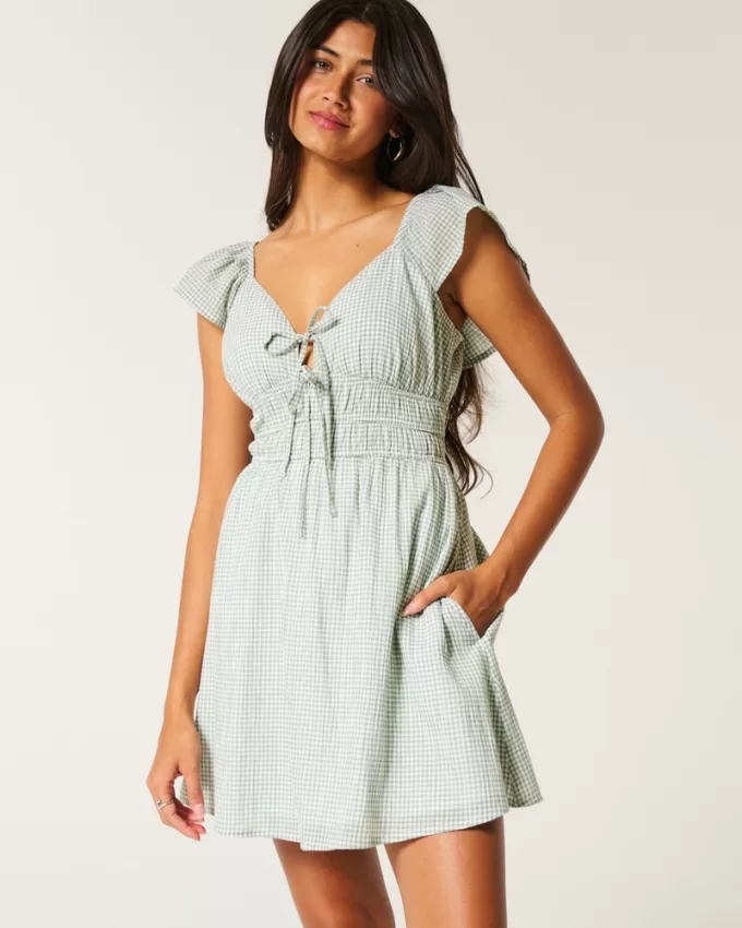 Flutter Sleeve Double-Tie Skort Dress,Flutter Sleeve Double-Tie Skort Dress