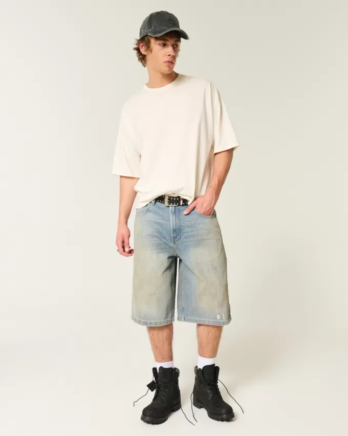 Greased Medium Wash Super Baggy Denim Shorts,Greased Medium Wash Super Baggy Denim Shorts