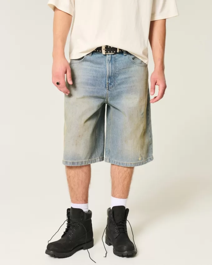 Greased Medium Wash Super Baggy Denim Shorts,Greased Medium Wash Super Baggy Denim Shorts
