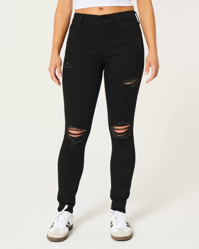 High-Rise Ripped Black Super Skinny Jeans,High-Rise Ripped Black Super Skinny Jeans