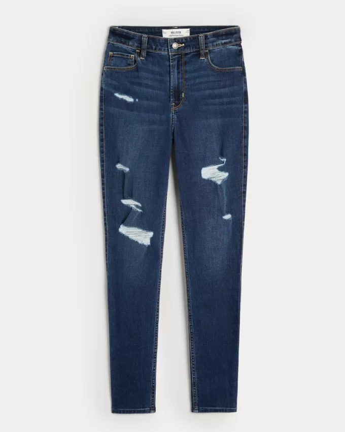 High-Rise Ripped Dark Wash Super Skinny Jeans,High-Rise Ripped Dark Wash Super Skinny Jeans