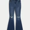 High-Rise Ripped Medium Wash Flare Jeans,High-Rise Ripped Medium Wash Flare Jeans