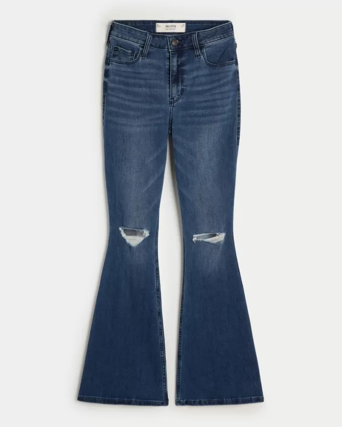 High-Rise Ripped Medium Wash Flare Jeans,High-Rise Ripped Medium Wash Flare Jeans