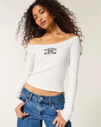 Lace Trim Off-the-Shoulder Montauk Graphic Tee,Lace Trim Off-the-Shoulder Montauk Graphic Tee Lace Trim Off-the-Shoulder Montauk Graphic Tee,Lace Trim Off-the-Shoulder Montauk Graphic Tee