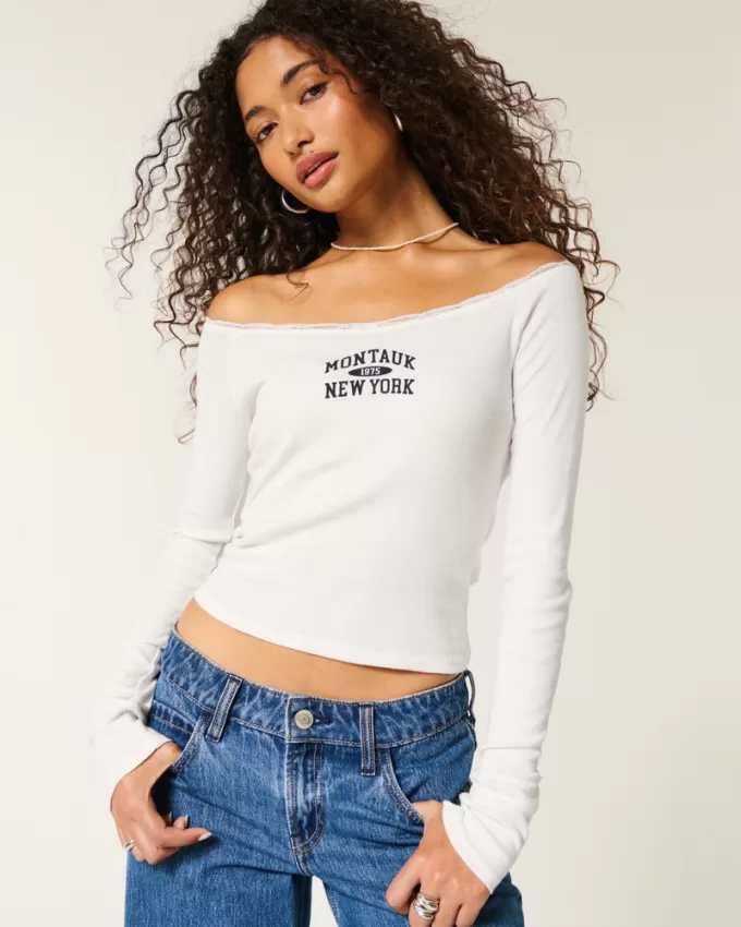 Lace Trim Off-the-Shoulder Montauk Graphic Tee,Lace Trim Off-the-Shoulder Montauk Graphic Tee Lace Trim Off-the-Shoulder Montauk Graphic Tee,Lace Trim Off-the-Shoulder Montauk Graphic Tee