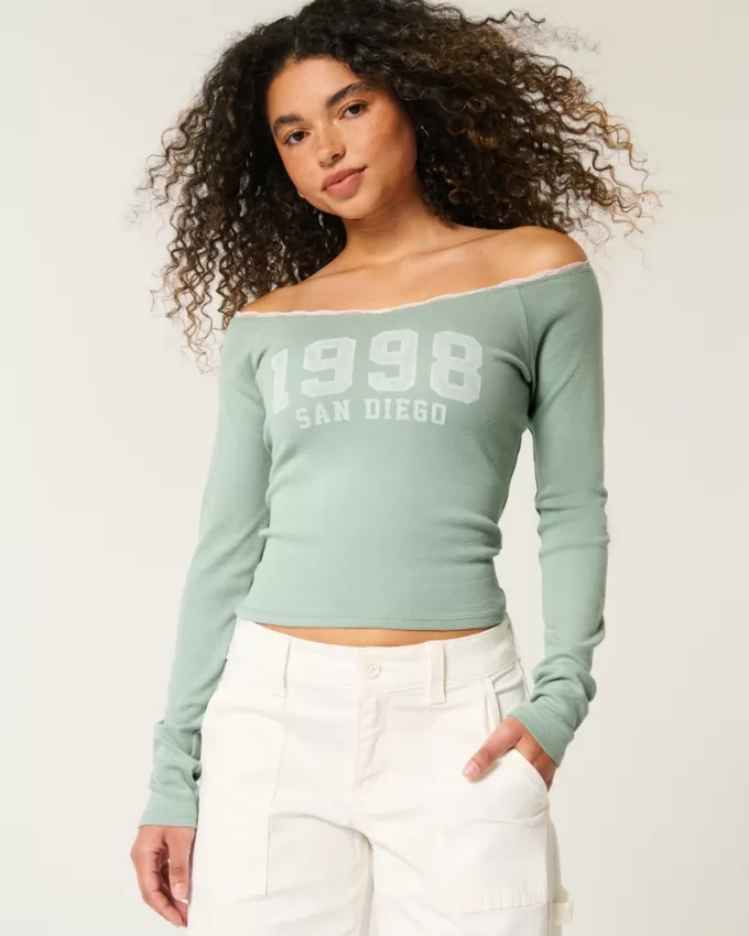 Lace Trim Off-the-Shoulder San Diego Graphic Tee,Lace Trim Off-the-Shoulder San Diego Graphic Tee