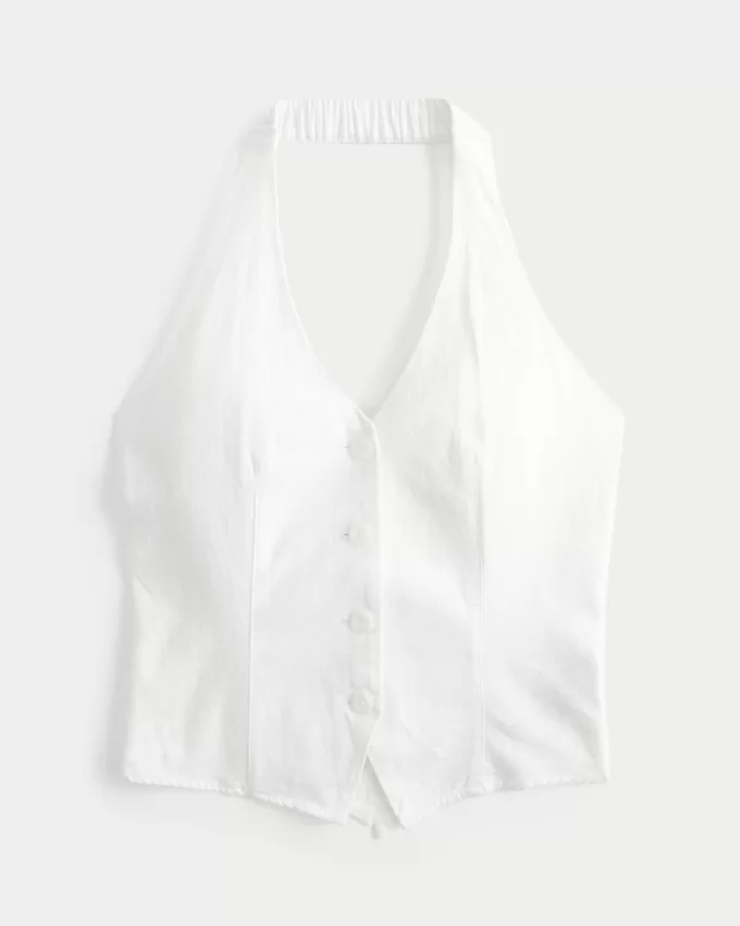 Linen-Blend Halter Vest,Linen-Blend Halter Vest