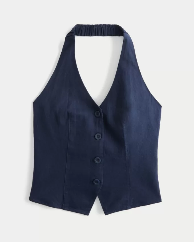 Linen-Blend Open-Back Vest,Linen-Blend Open-Back Vest