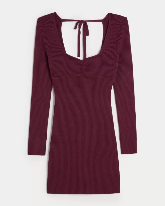 Long-Sleeve Cinch Bust Open-Back Sweater Dress,Long-Sleeve Cinch Bust Open-Back Sweater Dress