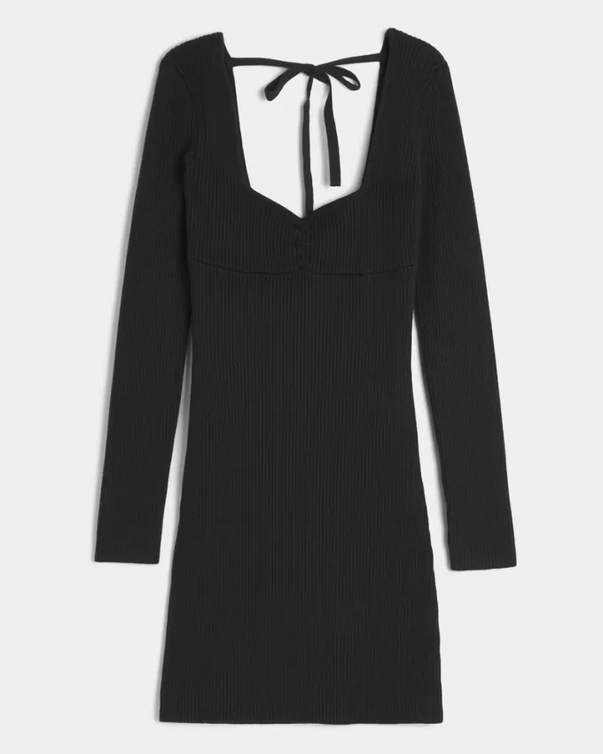 Long-Sleeve Cinch Bust Open-Back Sweater Dress,Long-Sleeve Cinch Bust Open-Back Sweater Dress