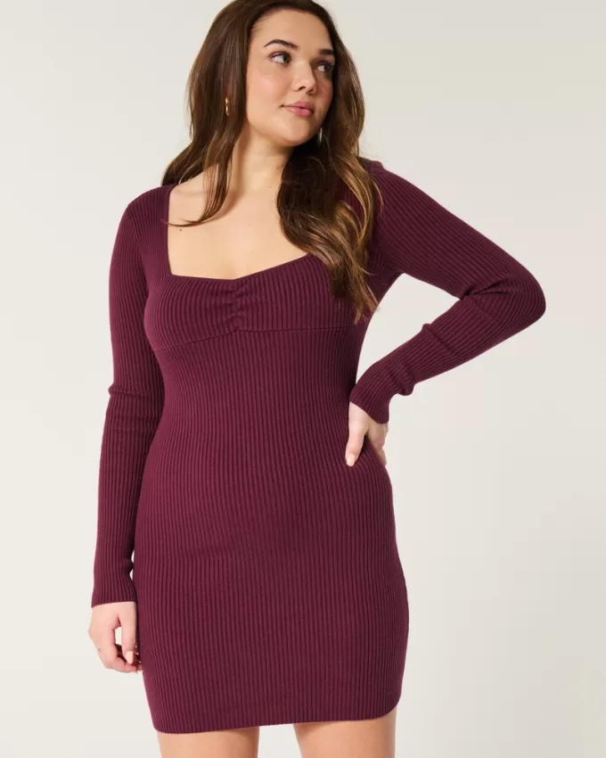 Long-Sleeve Cinch Bust Open-Back Sweater Dress,Long-Sleeve Cinch Bust Open-Back Sweater Dress