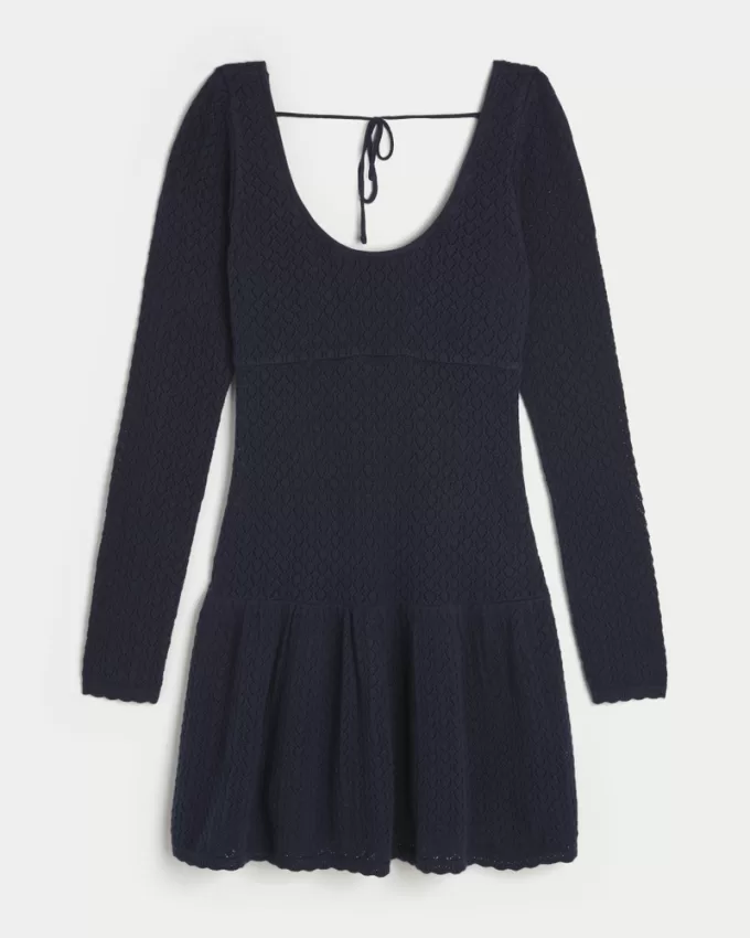 Long-Sleeve Drop-Waist Crochet-Style Mini Skater Dress,Long-Sleeve Drop-Waist Crochet-Style Mini Skater Dress