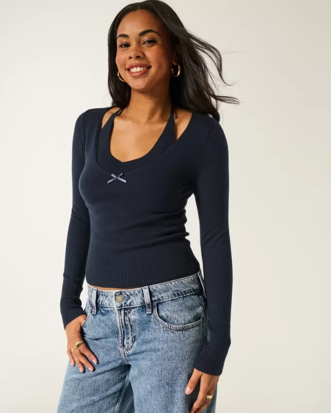 Long-Sleeve Halter Tie Sweater,Long-Sleeve Halter Tie Sweater