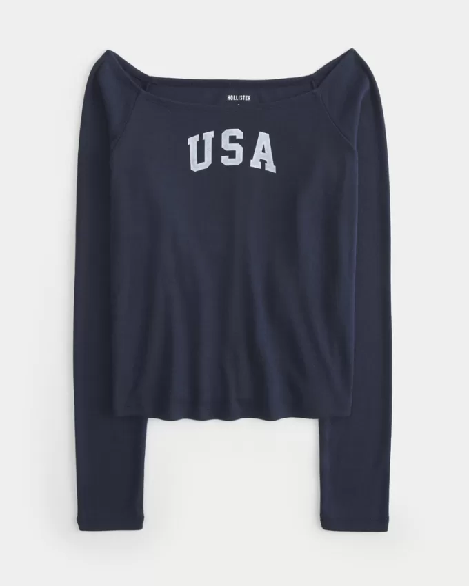 Long-Sleeve Off-the-Shoulder USA Graphic Baby Tee,Long-Sleeve Off-the-Shoulder USA Graphic Baby Tee Long-Sleeve Off-the-Shoulder USA Graphic Baby Tee,Long-Sleeve Off-the-Shoulder USA Graphic Baby Tee