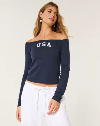 Long-Sleeve Off-the-Shoulder USA Graphic Baby Tee,Long-Sleeve Off-the-Shoulder USA Graphic Baby Tee Long-Sleeve Off-the-Shoulder USA Graphic Baby Tee,Long-Sleeve Off-the-Shoulder USA Graphic Baby Tee