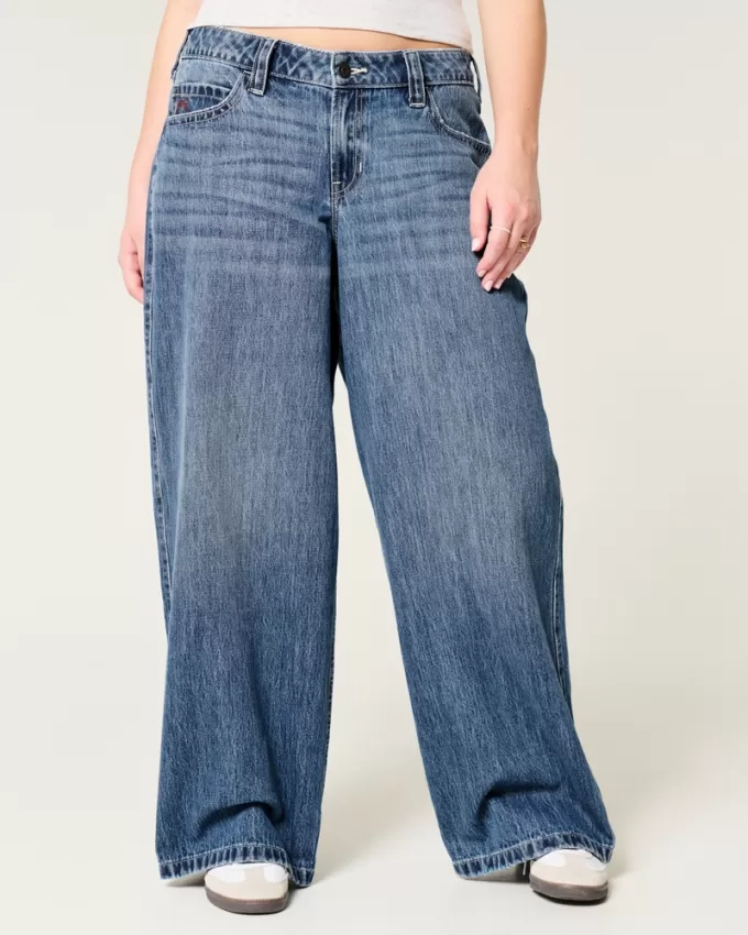 Low-Rise Medium Wash Cherry Embroidered Super Baggy Jeans,Low-Rise Medium Wash Cherry Embroidered Super Baggy Jeans