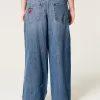 Low-Rise Medium Wash Cherry Embroidered Super Baggy Jeans,Low-Rise Medium Wash Cherry Embroidered Super Baggy Jeans