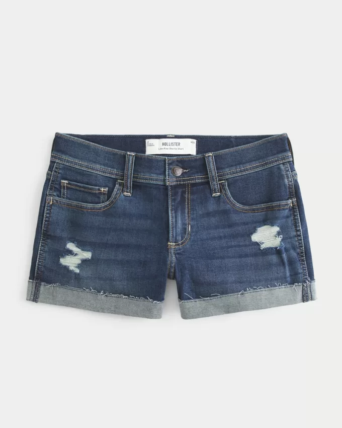Low-Rise Ripped Dark Wash Denim Shortie Shorts,Low-Rise Ripped Dark Wash Denim Shortie Shorts