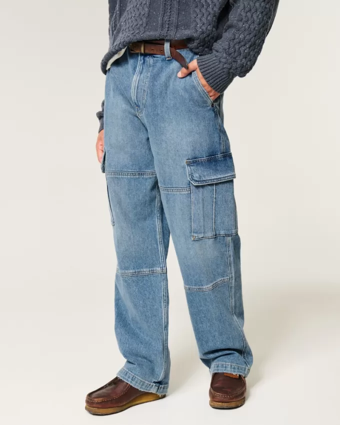 Medium Wash Baggy Cargo Jeans,Medium Wash Baggy Cargo Jeans
