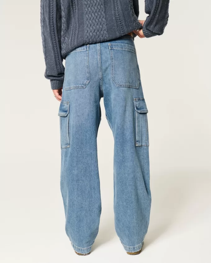 Medium Wash Baggy Cargo Jeans,Medium Wash Baggy Cargo Jeans