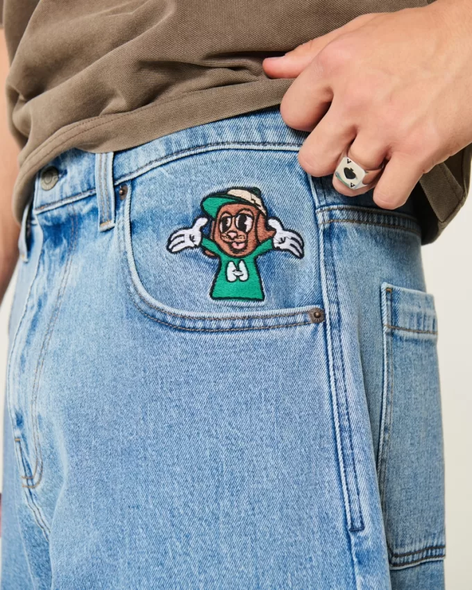 Medium Wash Embroidered Graphic Baggy Skater Jeans,Medium Wash Embroidered Graphic Baggy Skater Jeans