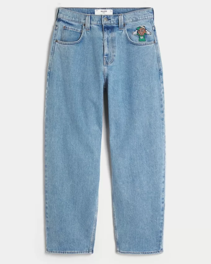 Medium Wash Embroidered Graphic Baggy Skater Jeans,Medium Wash Embroidered Graphic Baggy Skater Jeans