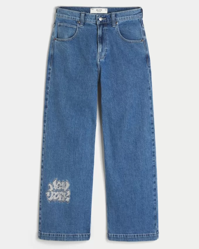 Medium Wash NYC Graphic Super Baggy Jeans,Medium Wash NYC Graphic Super Baggy Jeans Medium Wash NYC Graphic Super Baggy Jeans,Medium Wash NYC Graphic Super Baggy Jeans