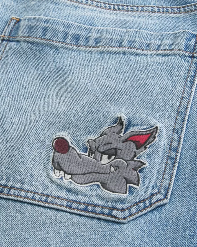 Medium Wash Wolf Graphic Super Baggy Jeans,Medium Wash Wolf Graphic Super Baggy Jeans Medium Wash Wolf Graphic Super Baggy Jeans,Medium Wash Wolf Graphic Super Baggy Jeans