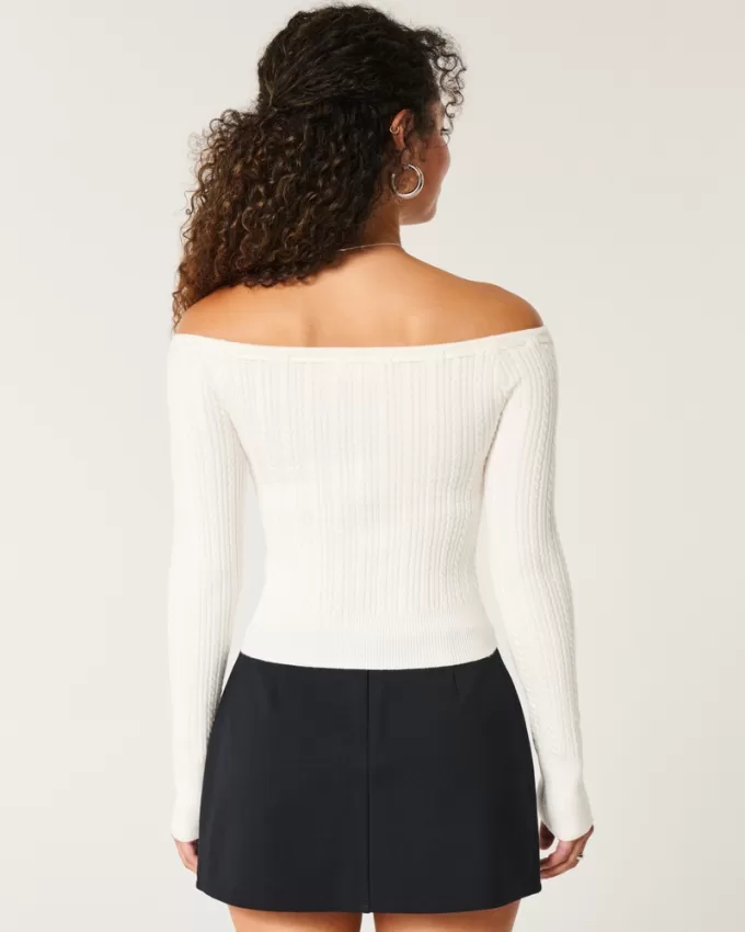 Off-the-Shoulder Cable-Knit Sweater,Off-the-Shoulder Cable-Knit Sweater