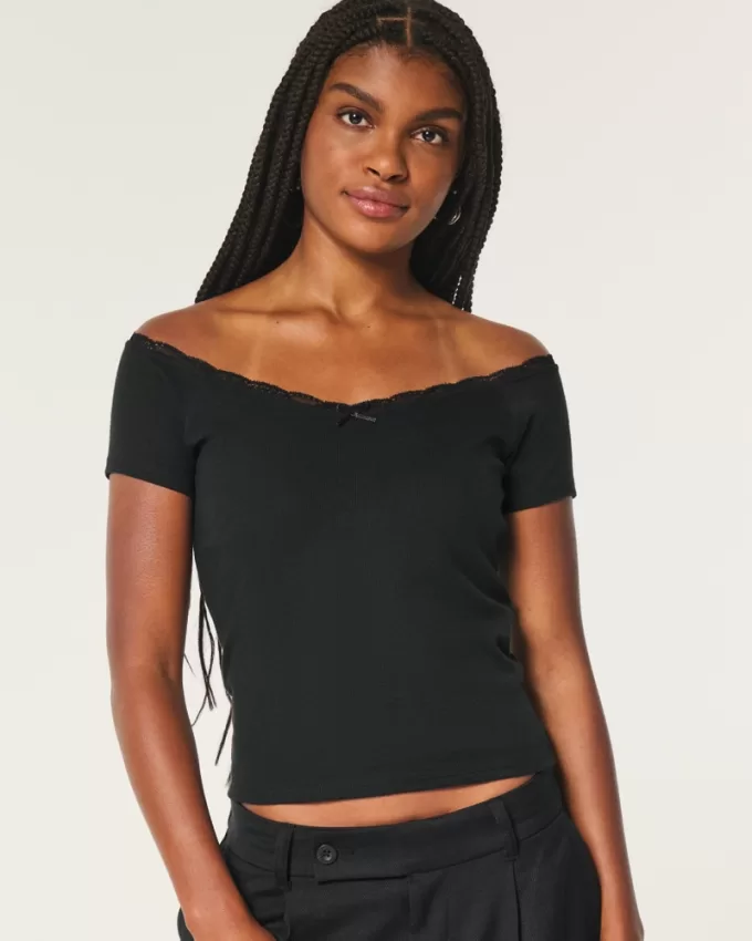 Off-the-Shoulder Lace Trim Top,Off-the-Shoulder Lace Trim Top