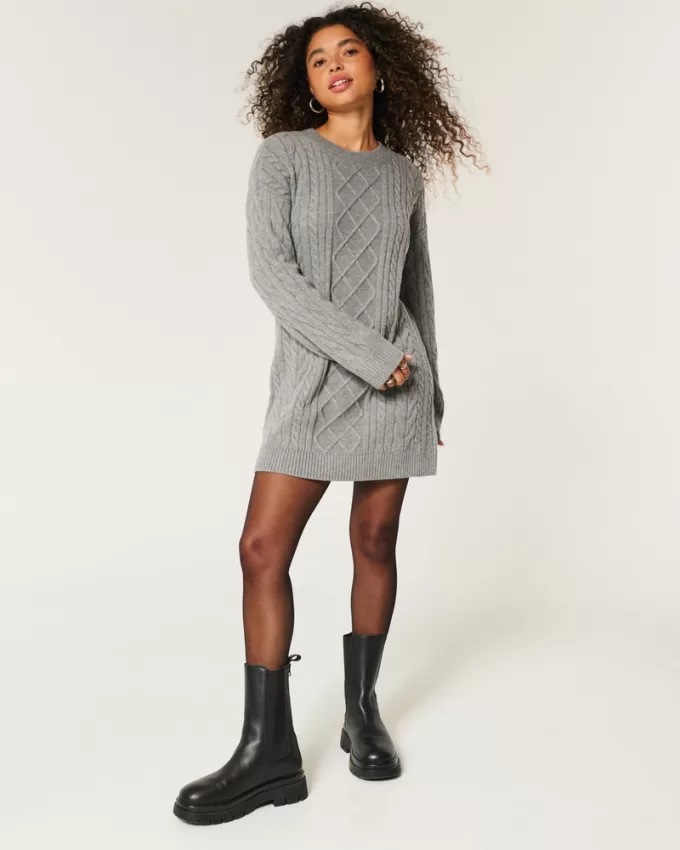 Oversized Cable-Knit Crew Sweater Dress,Oversized Cable-Knit Crew Sweater Dress